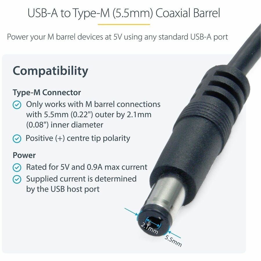 StarTech.com 3 ft USB to Type M Barrel 5V DC Power Cable — USB2TYPEM