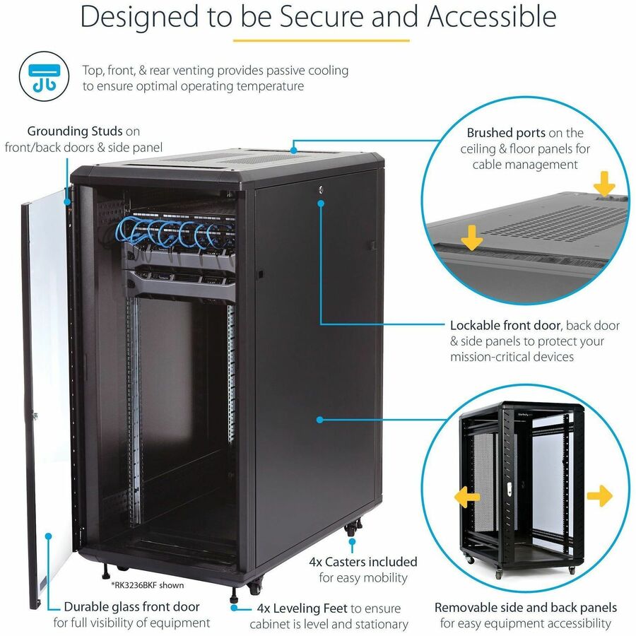 StarTech.com 4-Post 25U Server Rack Cabinet, 19" Data Rack Cabinet for Computer / IT Equipment, Home Network Rack, Half Height Server Rack — RK2536BKF