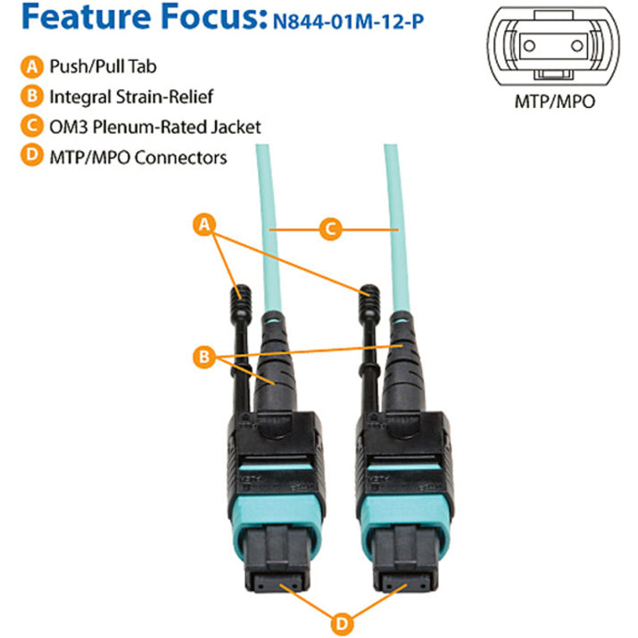 Eaton Tripp Lite Series MTP/MPO Patch Cable with Push/Pull Tabs, 12 Fiber, 40GbE, 40GBASE-SR4, OM3 Plenum-Rated - Aqua, 1M (3 ft.) — N844-01M-12-P