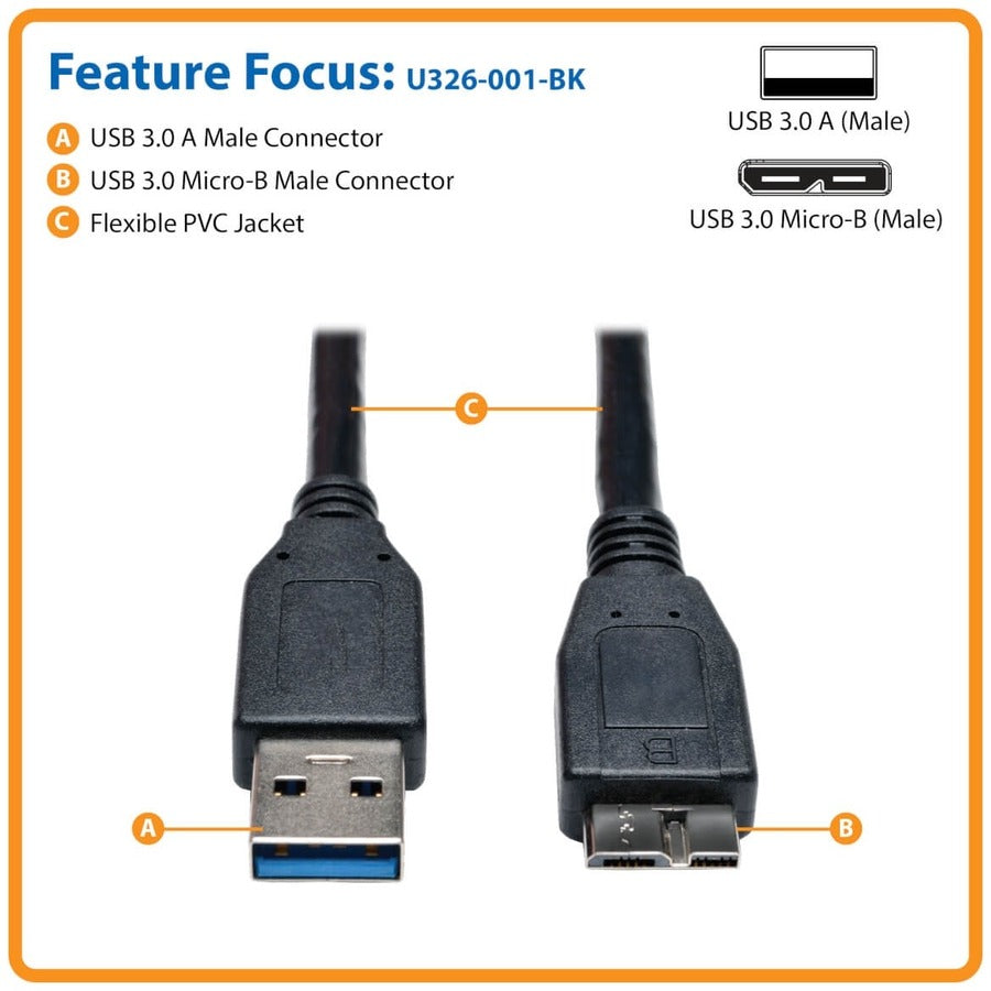 Eaton Tripp Lite Series USB 3.0 SuperSpeed Device Cable (A to Micro-B M/M) Black, 1 ft. (0.31 m) — U326-001-BK