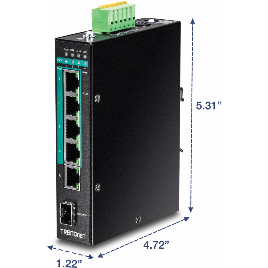 TRENDnet 6-Port Hardened Industrial Gigabit PoE+ Layer 2 Managed DIN-Rail Switch, 4 x Gigabit PoE+ 802.3at Ports, 1 x Gigabit Port, 1 x Gigabit SFP Slot, 120W Power Budget, Black, TI-PG541i