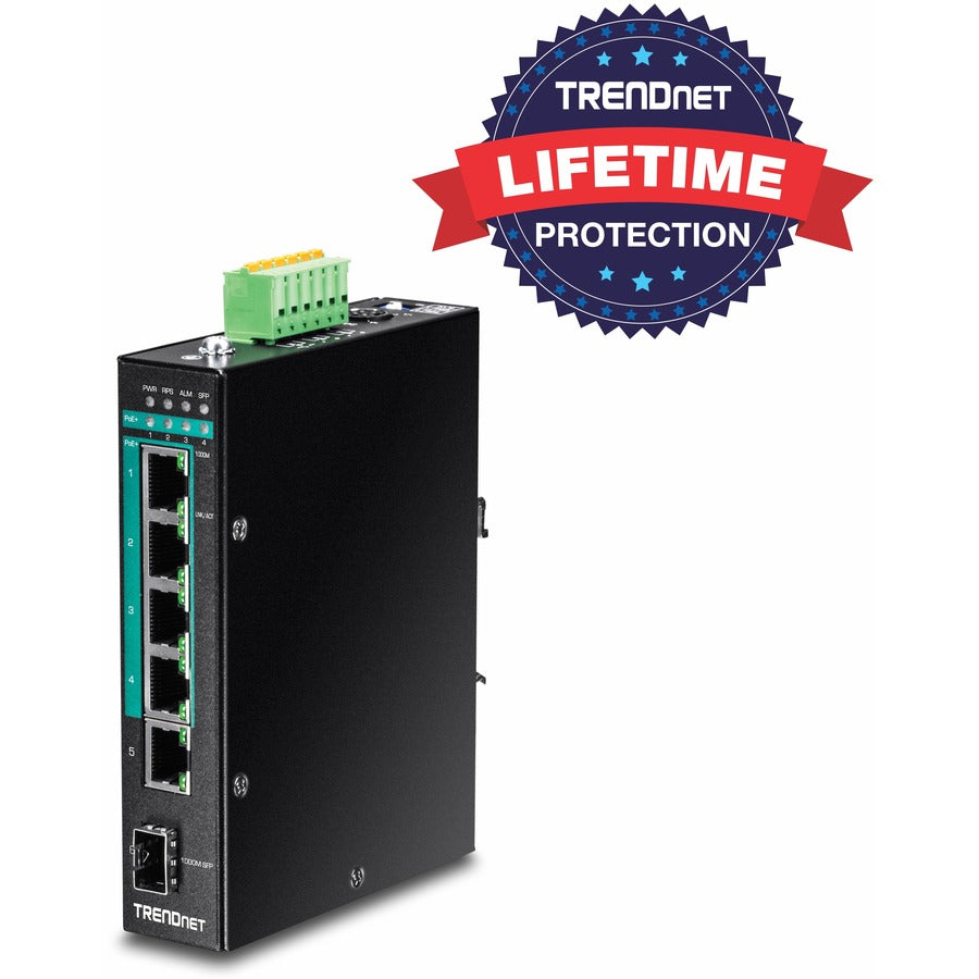 TRENDnet 6-Port Hardened Industrial Gigabit PoE+ Layer 2 Managed DIN-Rail Switch, 4 x Gigabit PoE+ 802.3at Ports, 1 x Gigabit Port, 1 x Gigabit SFP Slot, 120W Power Budget, Black, TI-PG541i