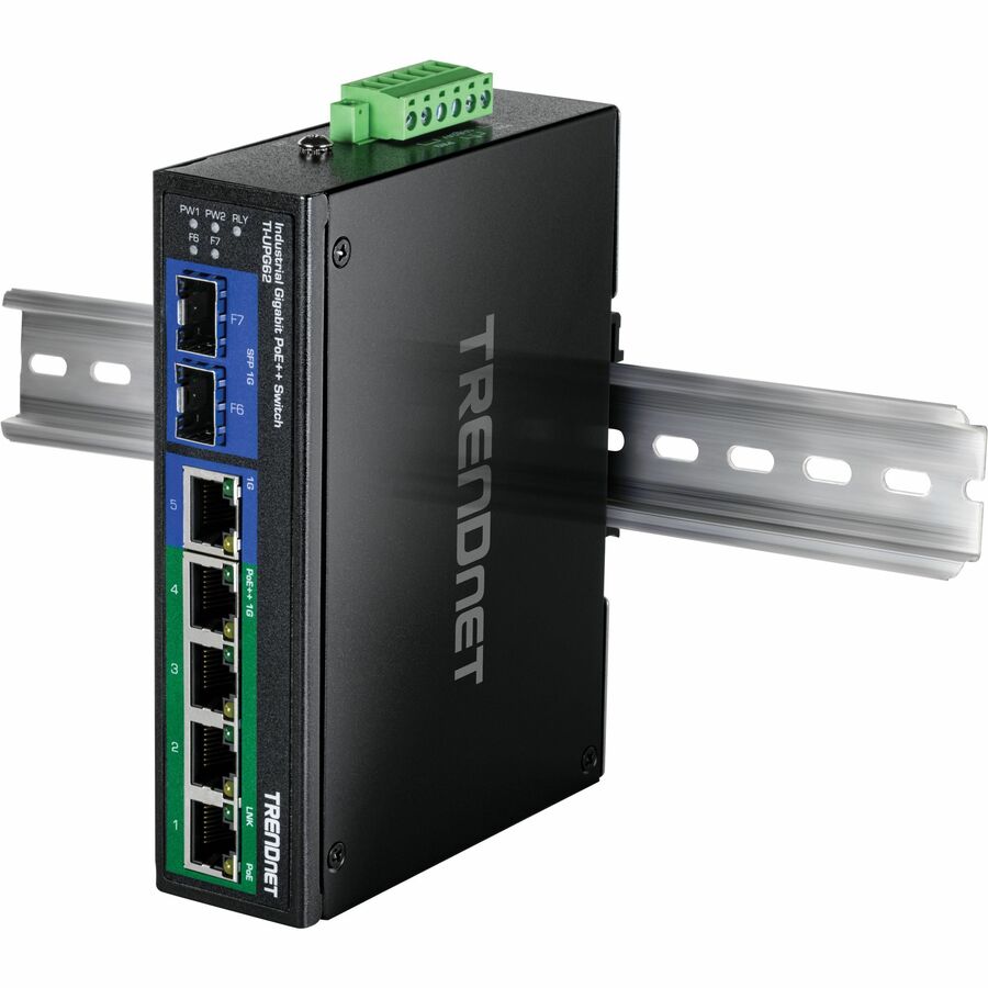 TRENDnet 6-Port Hardened Industrial Gigabit 10/100/1000 Mbps Ultra PoE DIN-Rail Switch; UPoE; IP30; DIN-Rail & Wall Mounts Included; Lifetime Protection; TI-UPG62