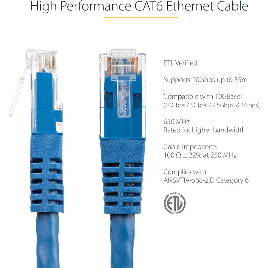StarTech.com 7ft CAT6 Ethernet Cable - Blue Molded Gigabit - 100W PoE UTP 650MHz - Category 6 Patch Cord UL Certified Wiring/TIA — C6PATCH7BL