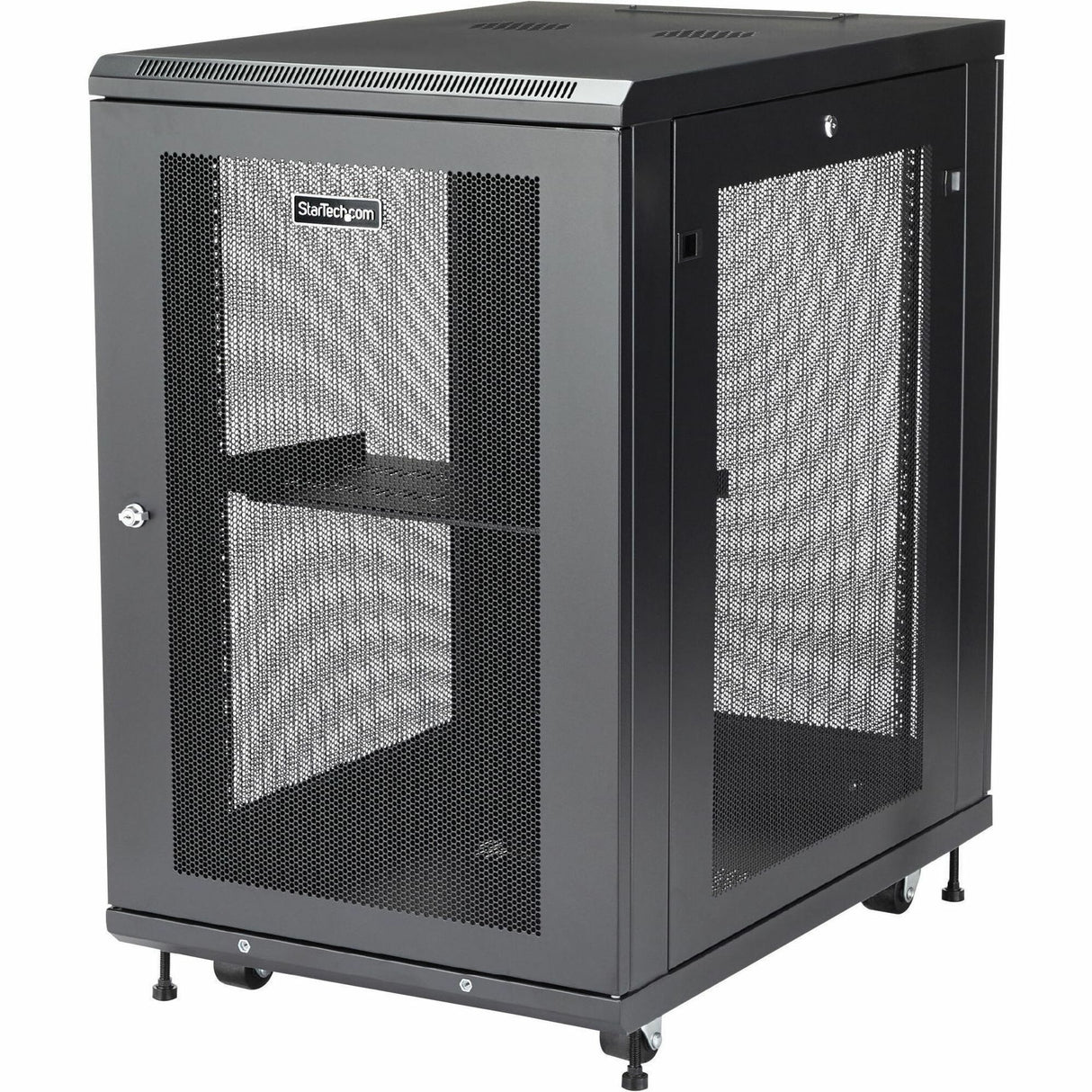 StarTech.com 18U 19" Server Rack Cabinet 4 Post Adjustable Depth 2-30" w/Casters/Cable Management/1U Shelf, Locking Doors and Side Panels — RK1833BKM