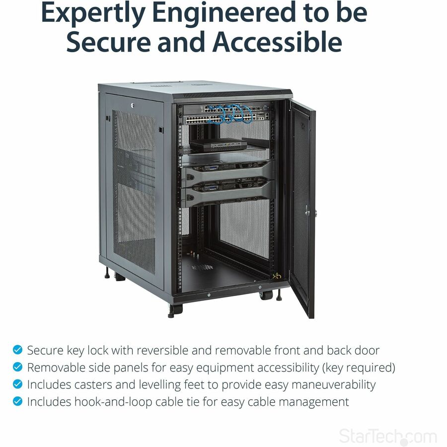 StarTech.com 18U 19" Server Rack Cabinet 4 Post Adjustable Depth 2-30" w/Casters/Cable Management/1U Shelf, Locking Doors and Side Panels — RK1833BKM