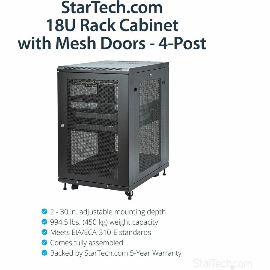 StarTech.com 18U 19" Server Rack Cabinet 4 Post Adjustable Depth 2-30" w/Casters/Cable Management/1U Shelf, Locking Doors and Side Panels — RK1833BKM