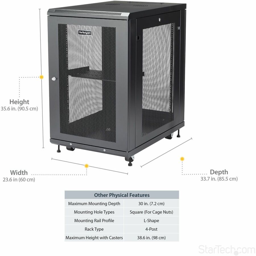 StarTech.com 18U 19" Server Rack Cabinet 4 Post Adjustable Depth 2-30" w/Casters/Cable Management/1U Shelf, Locking Doors and Side Panels — RK1833BKM