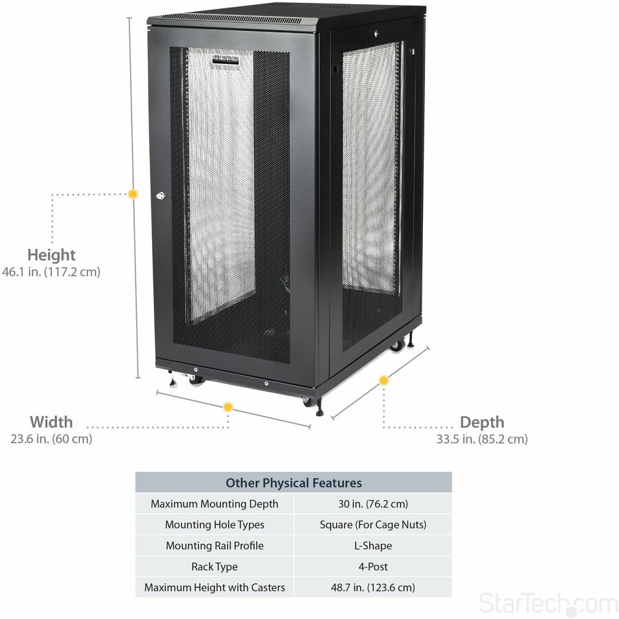 StarTech.com 24U 19" Server Rack Cabinet 4 Post Adjustable Depth 2-30" w/Casters/Cable Management/1U Shelf, Locking Doors and Side Panels — RK2433BKM