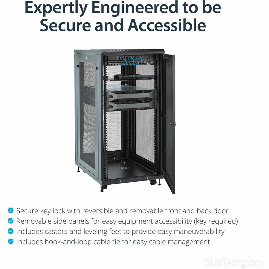StarTech.com 24U 19" Server Rack Cabinet 4 Post Adjustable Depth 2-30" w/Casters/Cable Management/1U Shelf, Locking Doors and Side Panels — RK2433BKM