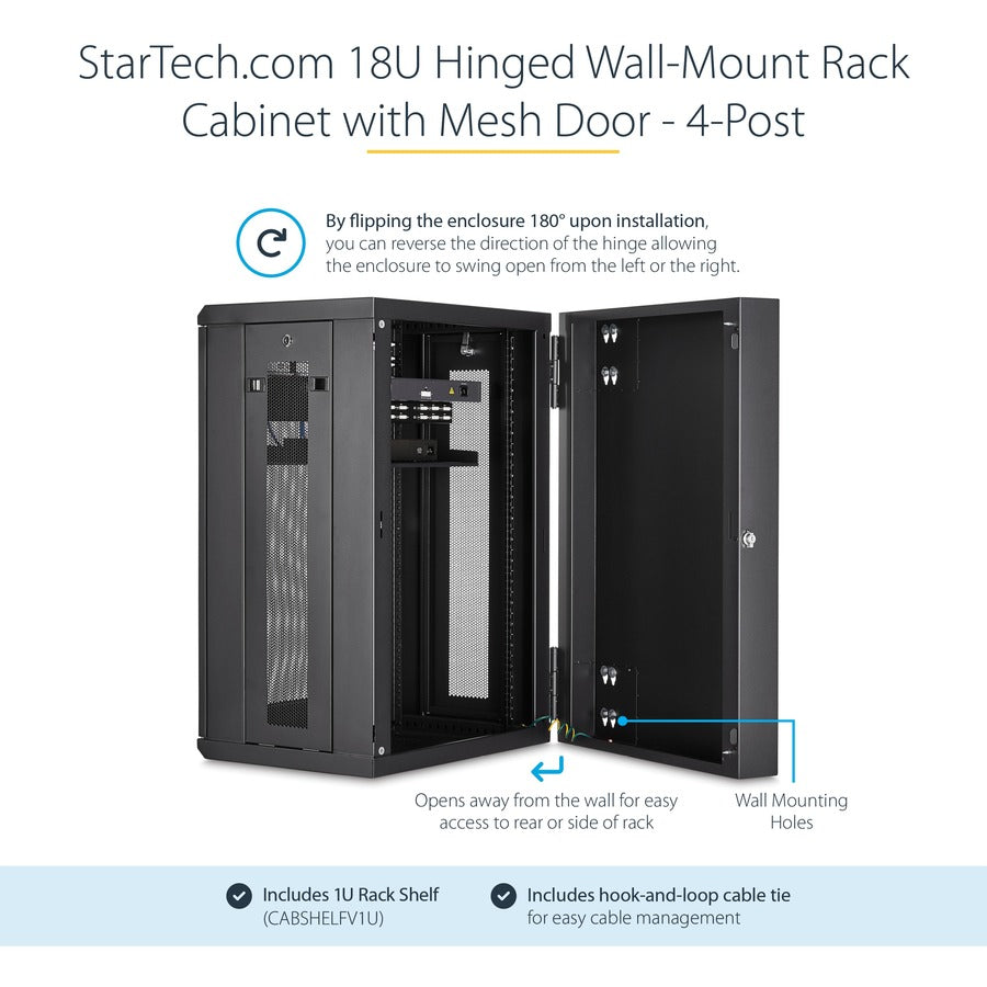 StarTech.com 4-Post 18U Wall Mount Network Cabinet, 19" Hinged Wall-Mounted Server Rack for Data / IT Equipment, Lockable Rack Enclosure — RK1820WALHM
