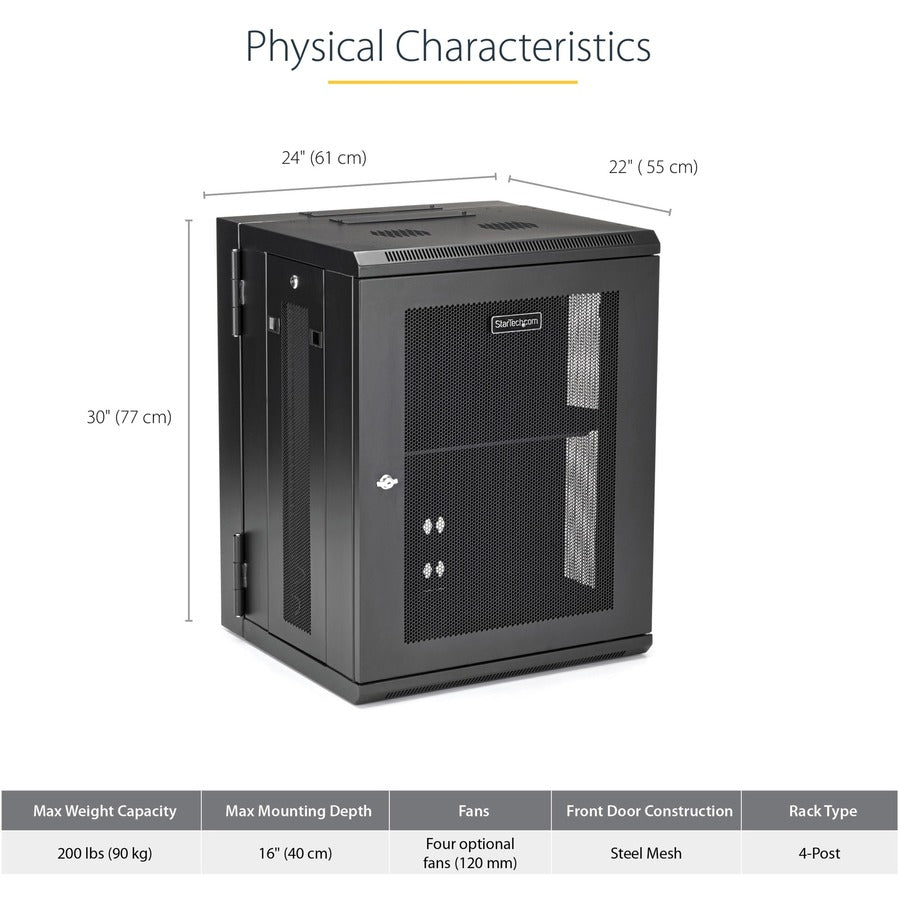 StarTech.com 4-Post 15U Wall Mount Network Cabinet, 19" Hinged Wall-Mounted Server Rack for Data / IT Equipment, Lockable Rack Enclosure — RK1520WALHM