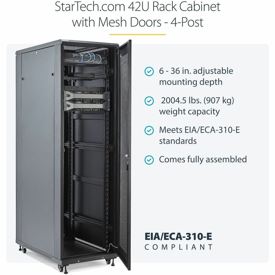 StarTech.com 4-Post 42U Server Rack Cabinet, 19" Data Rack Cabinet for Computer / IT Equipment mount, Rack Server Cabinet with Casters — RK4236BKB