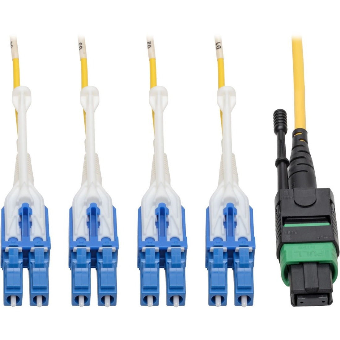 Eaton Tripp Lite Series MTP/MPO (APC) to 4xLC (UPC) Singlemode Breakout Patch Cable, 40/100 GbE, QSFP+ 40GBASE-PLR4, Plenum, Yellow, 1 m (3.3 ft.) — N390-01M-8LC-AP