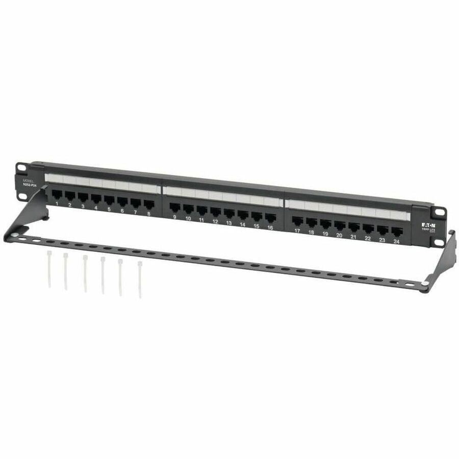 Eaton Tripp Lite Series 24-Port Cat6 Patch Panel - 4PPoE Compliant, 110/Krone, 568A/B, RJ45 Ethernet, 1U Rack-Mount, Black, TAA — N252-P24