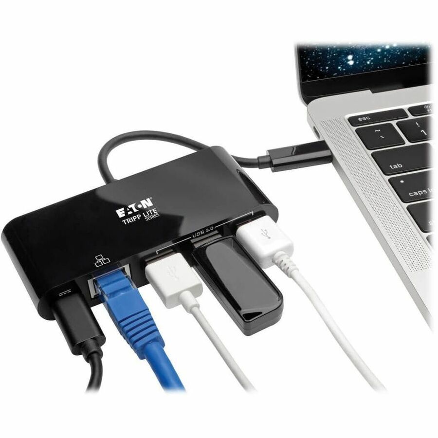 Eaton Tripp Lite Series 3-Port USB-C Hub - USB 3.x (5Gpbs) Hub Ports, Gigabit Ethernet, 60W PD Charging, Black — U460-003-3AGB-C