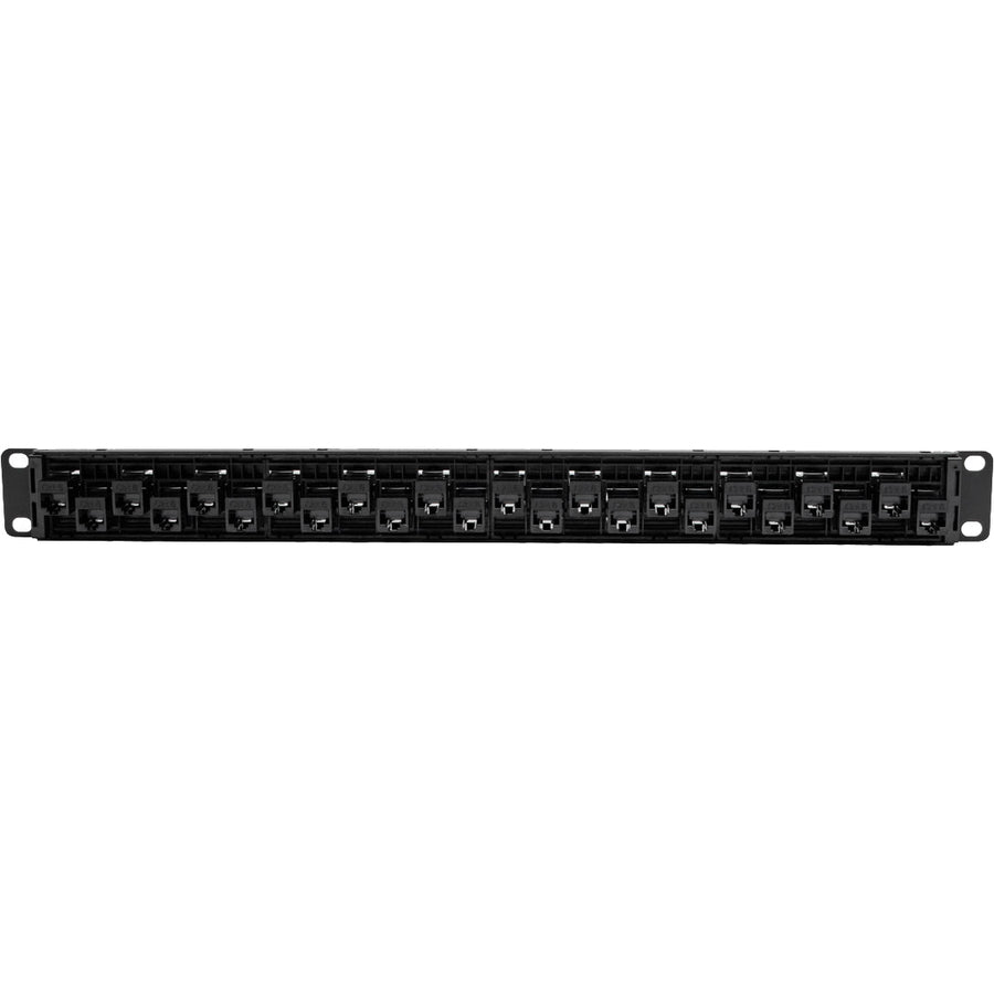 Eaton Tripp Lite Series 24-Port 1U Rack-Mount Cat5e/6 Offset Feed-Through Patch Panel with Cable Management Bar, RJ45 Ethernet, TAA — N254-024-OF