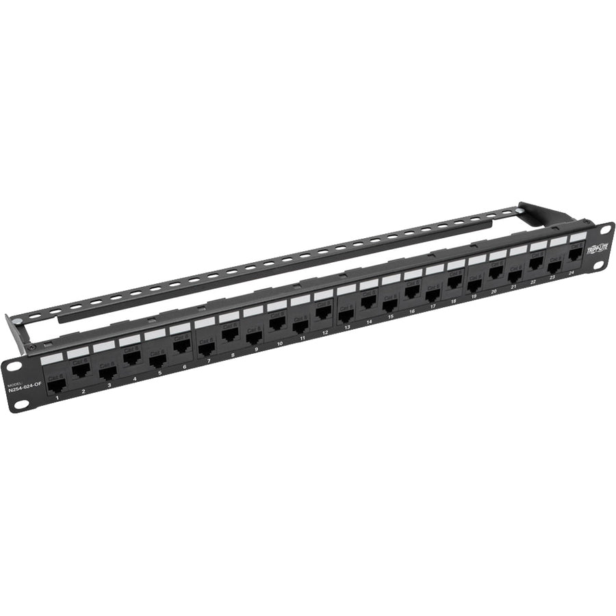 Eaton Tripp Lite Series 24-Port 1U Rack-Mount Cat5e/6 Offset Feed-Through Patch Panel with Cable Management Bar, RJ45 Ethernet, TAA — N254-024-OF