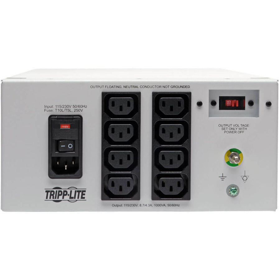 Tripp Lite by Eaton Isolator Series Dual-Voltage 115/230V 1000W 60601-1 Medical-Grade Isolation Transformer, C14 Inlet, 8 C13 Outlets — IS1000HGDV