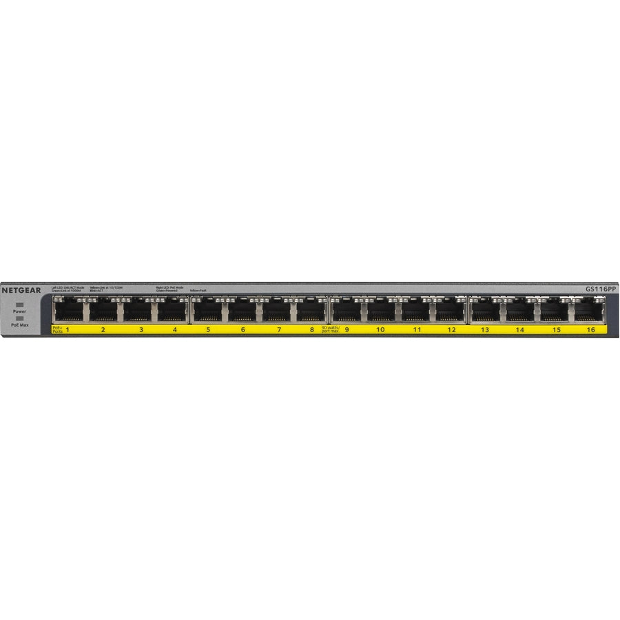 Netgear 16-Port 183W PoE/PoE+ Gigabit Ethernet Unmanaged Switch — GS116PP-100NAS