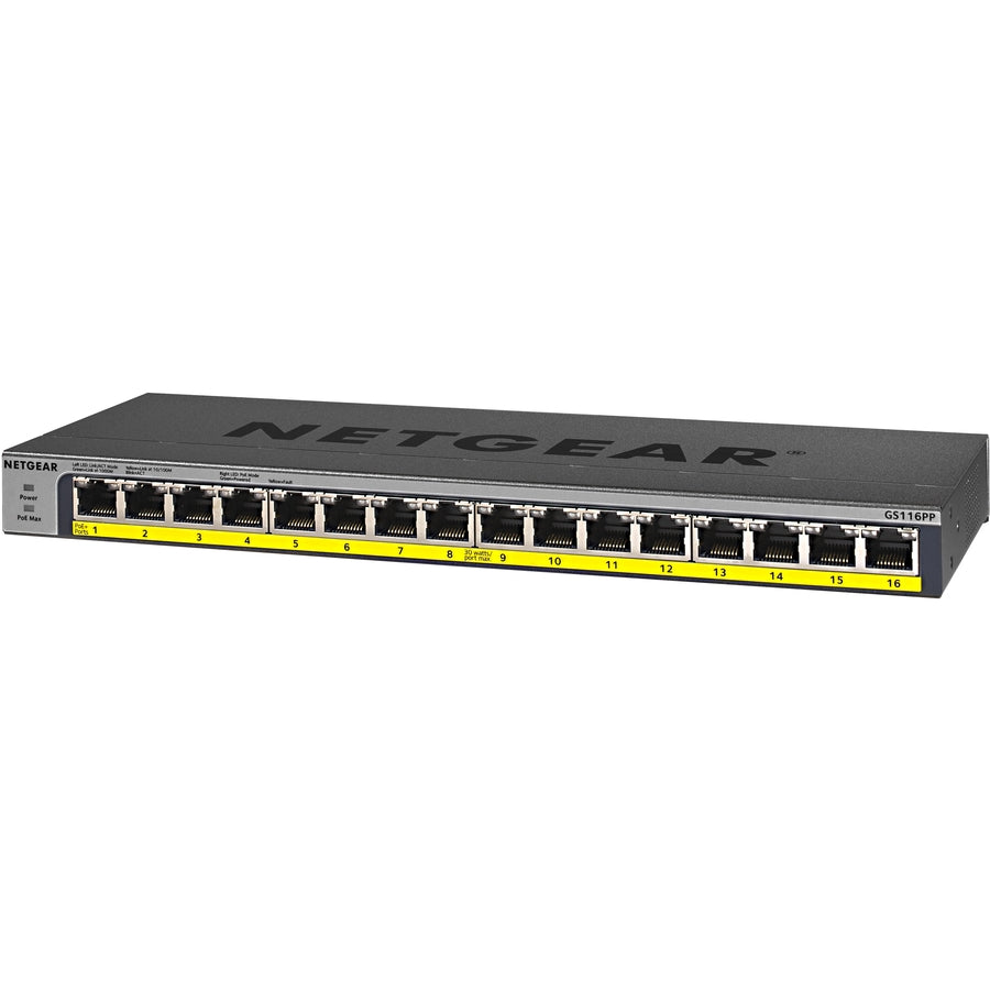 Netgear 16-Port 183W PoE/PoE+ Gigabit Ethernet Unmanaged Switch — GS116PP-100NAS
