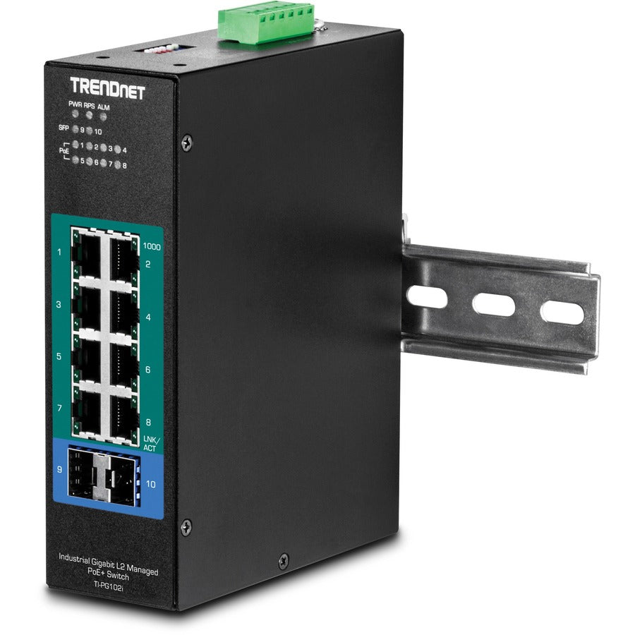 TRENDnet 10-Port Industrial Gigabit L2 Managed PoE+ DIN-Rail Switch, 8 x Gigabit PoE+ Ports, DIN-Rail Mount, 2 x SFP Slots, 2457V DC Power Input, IP30, VLAN, Lifetime Protection, Black, TI-PG102i