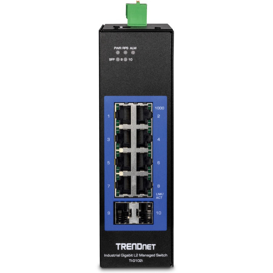 TRENDnet 10-Port Industrial Gigabit L2 Managed DIN-Rail Switch, TI-G102i, 8 X Gigabit, 2 X SFP Slots, DIN-Rail Mount, IP30, Ethernet Splitter, NDAA & TAA Compliant, Lifetime Protection, Black