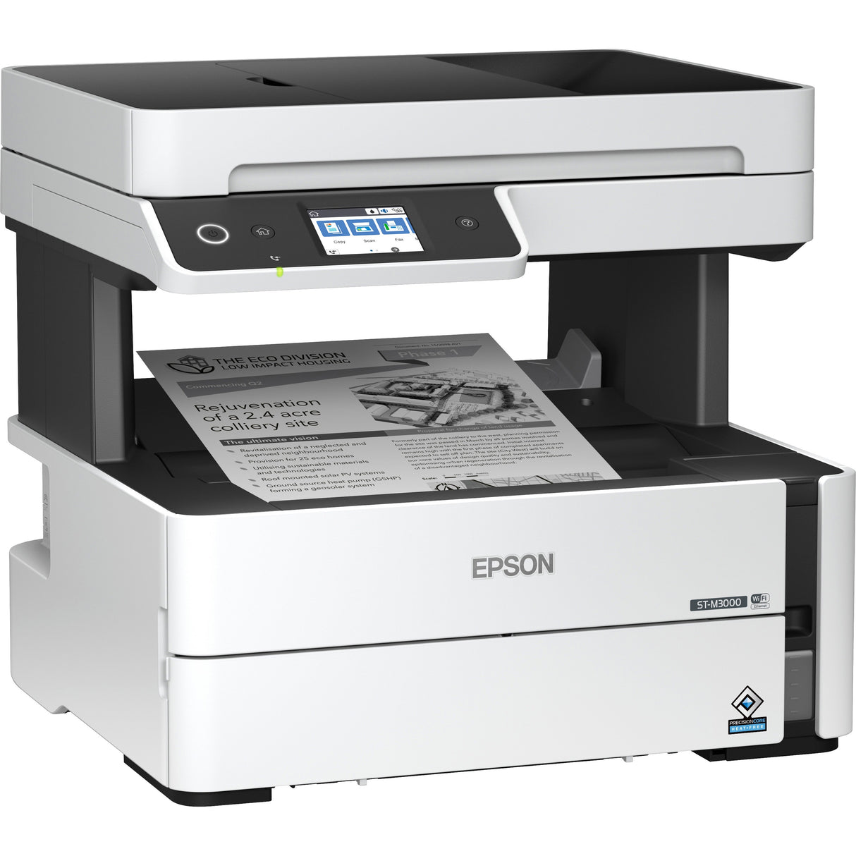 Epson WorkForce ST-M3000 Monochrome Multifunction Supertank Printer. Cartridge Free MFP with ADF & Fax Inkjet copier/Fax/Scanner-1200x2400 dpi Print-Automatic Duplex Print-1200 dpi Optical Scan-20 ppm-Up to 23k pages of ink-Wireless LAN — C11CG93201