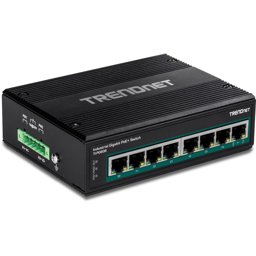 TRENDnet 8-Port Hardened Industrial Unmanaged Gigabit 10/100/1000Mbps DIN-Rail Switch w/ 8 x Gigabit PoE+ Ports; TI-PG80B; 24 56V DC Power inputs with Overload Protection
