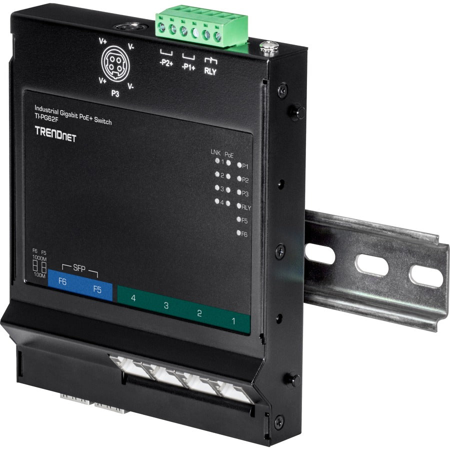 TRENDnet 6-Port Industrial Gigabit PoE+ Wall-Mounted Front Access Switch, TI-PG62F, 4 x Gigabit PoE+ Ports, 2 x Gigabit SFP Slots, DIN-Rail, Wall Mount Brackets Included, IP30, 120W PoE Budget