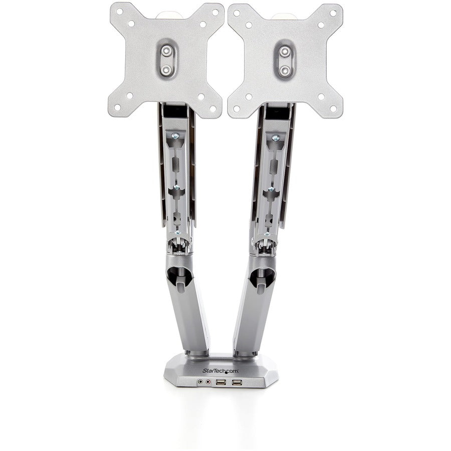 StarTech.com Desk Mount Dual Monitor Arm with USB & 3.5mm Audio, Desk Clamp Ergonomic VESA Mount for up to 32" (17.6lb/8kg) Displays — ARMSLIMDUOS