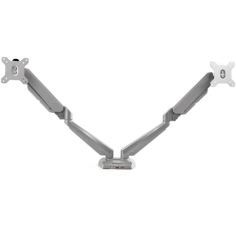 StarTech.com Desk Mount Dual Monitor Arm with USB & 3.5mm Audio, Desk Clamp Ergonomic VESA Mount for up to 32" (17.6lb/8kg) Displays — ARMSLIMDUOS