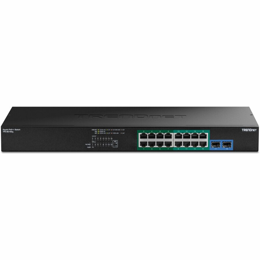 TRENDnet TPE-BG182g, 18-Port Gigabit 470W PoE++ Switch with 8 x 95W PoE++ Ports, 8 x 30W PoE+ Ports, 2 Gigabit SFP Slots, 470W PoE Budget, 1U 19" Rack Mountable