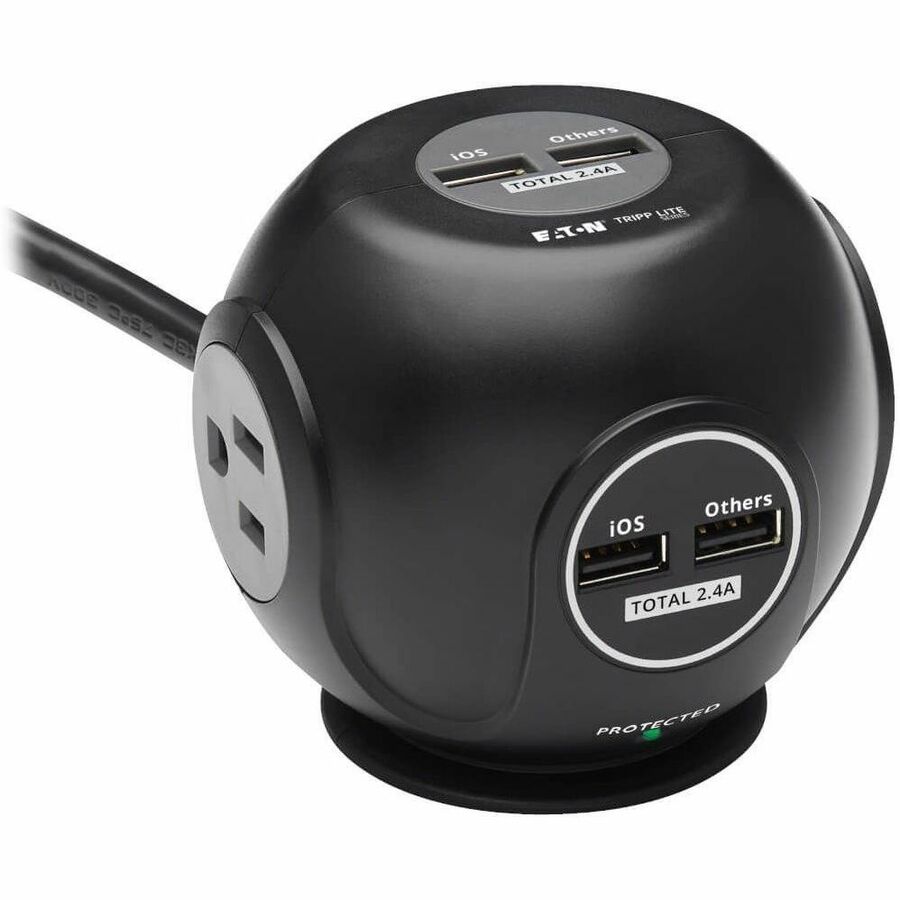 Tripp Lite by Eaton 3-Outlet Spherical Surge Protector, 4 USB Ports (4.8A Shared) - 6 ft. (1.83 m) Cord, 5-15P Plug, 540 Joules, Black — TLP36USB