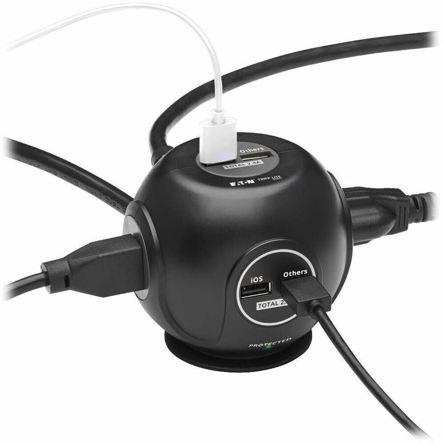 Tripp Lite by Eaton 3-Outlet Spherical Surge Protector, 4 USB Ports (4.8A Shared) - 6 ft. (1.83 m) Cord, 5-15P Plug, 540 Joules, Black — TLP36USB
