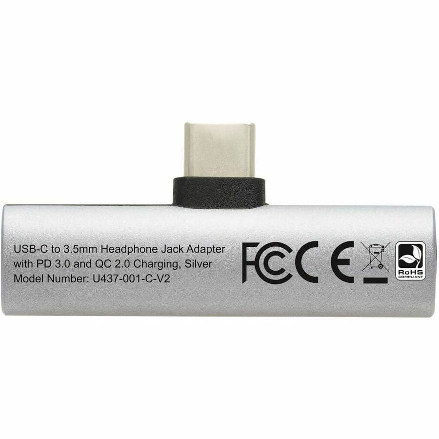 Tripp Lite by Eaton USB-C to 3.5 mm Headphone Jack Adapter for Hi-Res Stereo Audio - PD 3.0 and QC 2.0 Charging, Silver — U437-001-C-V2