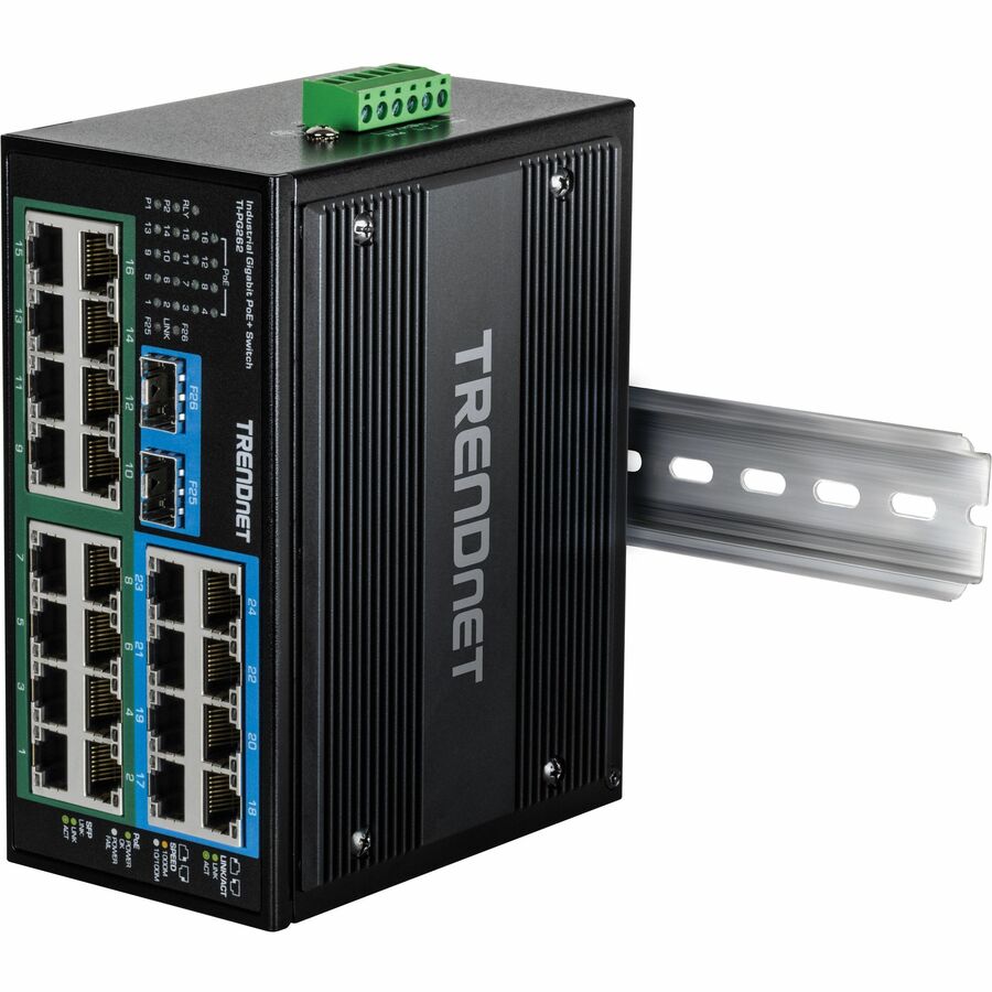 TRENDnet 26-Port Hardened Industrial Unmanaged Gigabit DIN-Rail Switch, TI-PG262, 16 x Gigabit PoE+ Ports, 8 x Gigabit RJ-45 Ports, 2 x SFP Ports, IP30, Lifetime Protection, Black