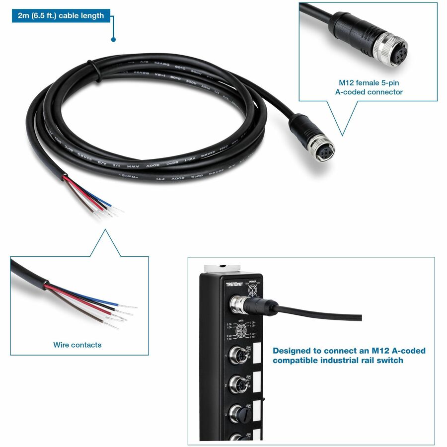 TRENDnet Industrial M12 Female 5-Pin Connector Electrical Cable, 2m (6.5 ft.) — TPE-219GI