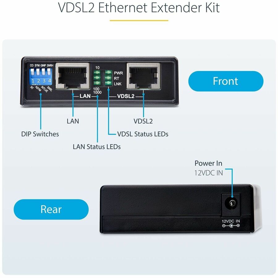 StarTech.com VDSL2 Ethernet Extender Kit over Single Pair Wire, Up to 0.6mi (1km) LAN Repeater over RJ11/Cat5e/Cat6, Replaces 110VDSLEXT — VDSL-LAN-EXTENDER-1G