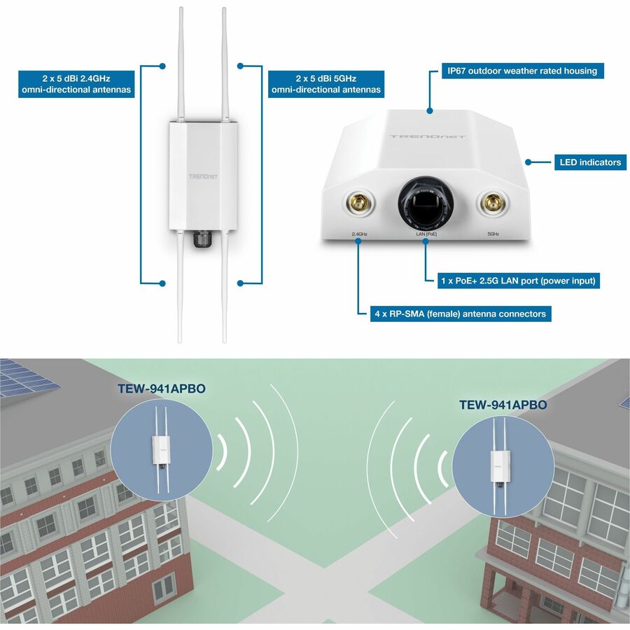 TRENDnet 5 dBi Wi-Fi 6 AX1800 Outdoor PoE+ Omni Directional Access Point, TEW-941APBO, Point-to-Point and Point-to-Multi-Point Bridge, IP67 Weather Rated Housing, PoE+ Powered, White
