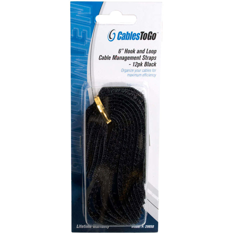 C2G 6in Hook and Loop Cable Management Wraps Multipack (12 pack) - Black Cable Wraps — 29858