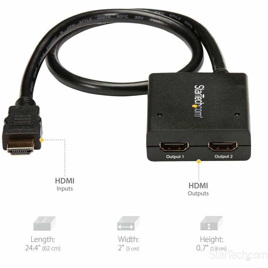 StarTech.com HDMI Splitter 1 In 2 Out - 4k 30Hz - 2 Port - Supports 3D video - Powered HDMI Splitter - HDMI Audio Splitter — ST122HD4KU
