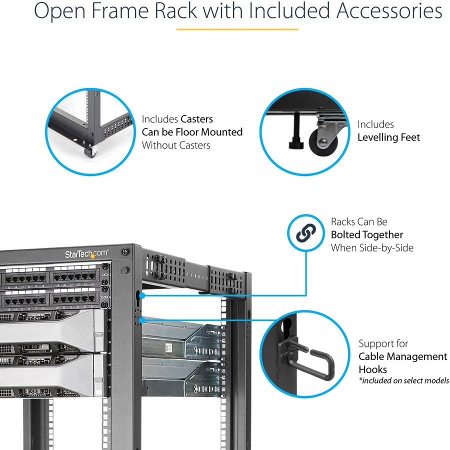 StarTech.com 4-Post 8U Mobile Open Frame Server Rack, 19in Network Rack with Casters, Small Rolling Rack for Computer/AV/Data/IT Equipment — 4POSTRACK8U