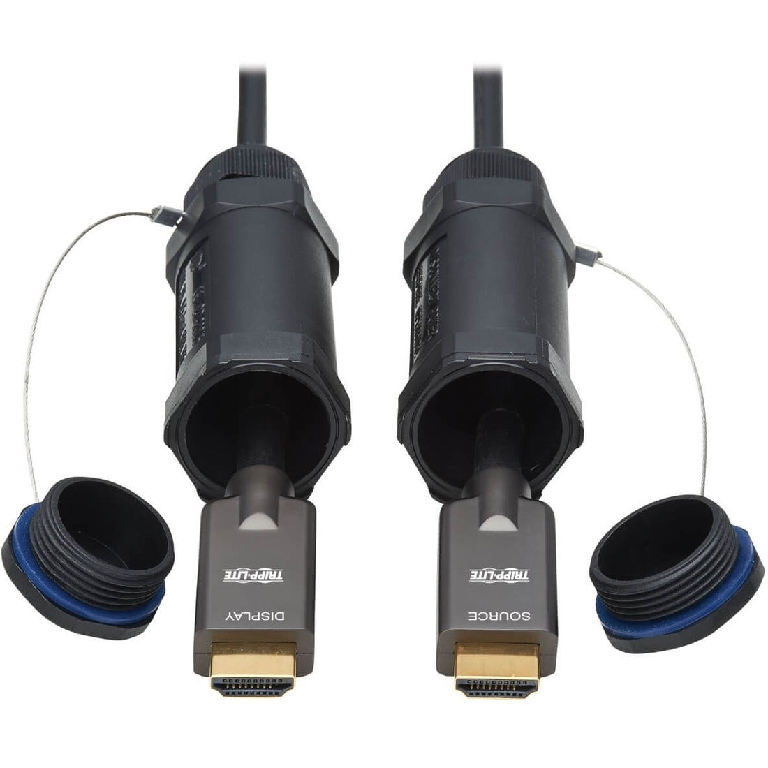 Eaton Tripp Lite Series High-Speed Armored HDMI Fiber Active Optical Cable (AOC) with Hooded Connectors - 4K @ 60 Hz, HDR, IP68, M/M, Black, 50 m (164 ft.) — P568FA-50M-W
