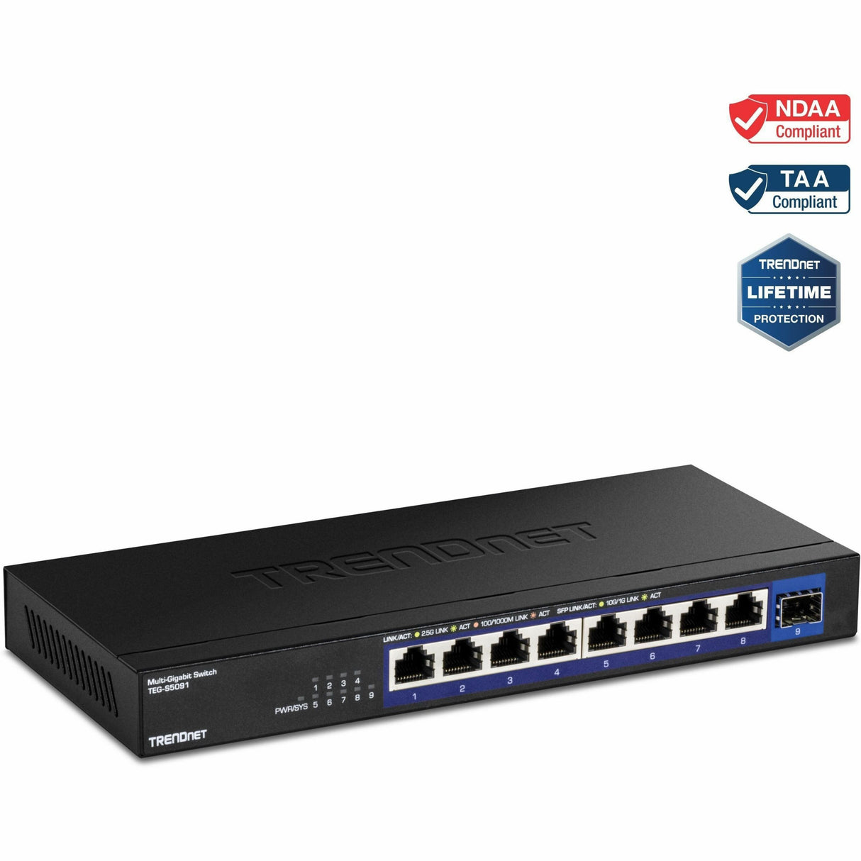 TRENDnet 9-Port Unmanaged 2.5G Switch with 10G SFP+ Port, TEG-S5091, 8 x 2.5GBASE-T Ports, 60Gbps, Wall Mountable, Ethernet Splitter, NDAA & TAA Compliant, Lifetime Protection, Black — TEG-S5091