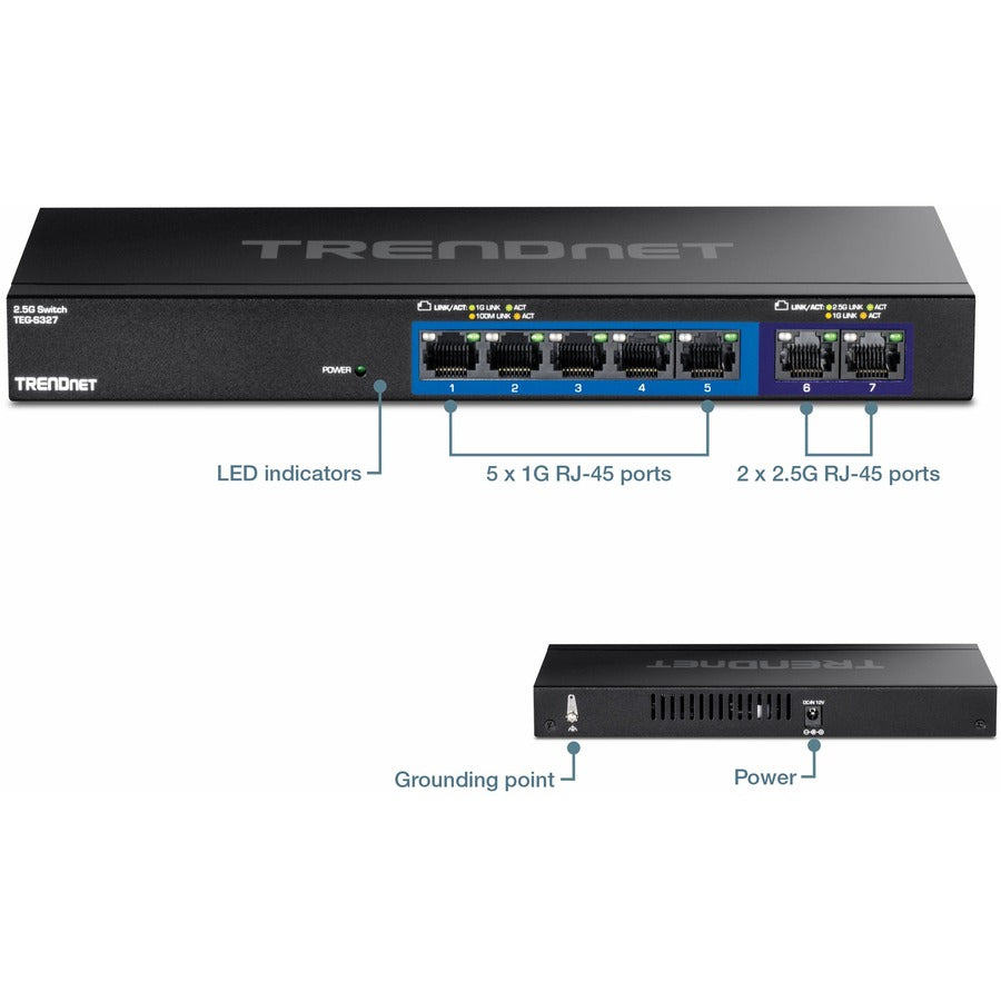 TRENDnet 7-Port Multi-Gig Switch, 5 x 1G RJ-45 Base-T Ports, 2 x 2.5G RJ-45 Ports, 20Gbps Switching Capacity, Wall Mountable, Plug & Play, Network Ethernet Switch, Lifetime Protection, Black,TEG-S327