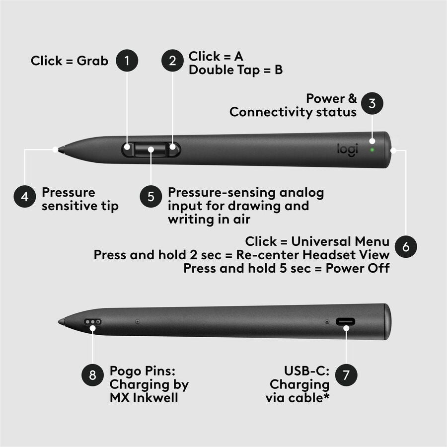 Logitech MX Ink Mixed-Reality (MR) Stylus with Charging Dock Combo, high precision and pressure sensitive, for Meta Quest 2, Meta Quest 3, Meta Quest 3S — 914-000087