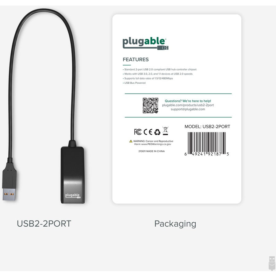 Plugable USB 2.0 2-Port High Speed Ultra Compact Hub Splitter — USB2-2PORT