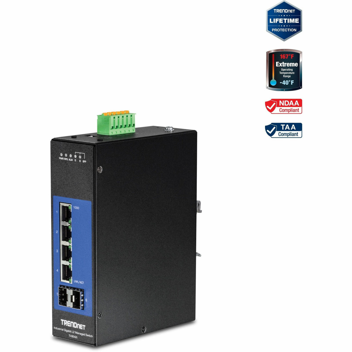 TRENDnet 6-Port Industrial Gigabit L2 Managed DIN-Rail Switch; 4 x Gigabit Ports; 2 x SFP Slots; DIN-Rail Mount; IP30; VLAN; QoS; LACP; STP/RSTP; Bandwidth management; Lifetime Protection; TI-G642i
