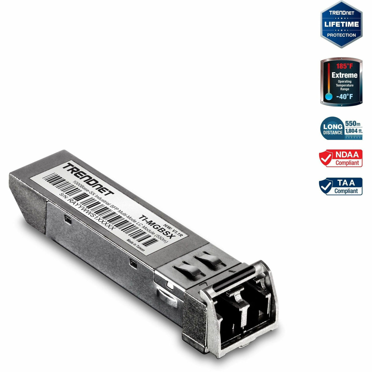 TRENDnet 1000Base- SX Industrial SFP to RJ45 Multi-Mode LC Module; TI-MGBSX; Up to 550m (1;804 Ft); IEE 802.3z; ANSI Fiber Channel; Data Rates up to 1.25Gbps; LC-Type Duplex; Lifetime Protection — TI-MGBSX